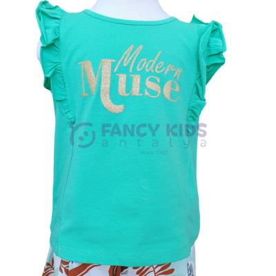 Kız Çocuk Modern Muse Yazılı Yaldızlı Baskılı  T-Shirt Yeşil