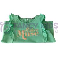 Kız Çocuk Modern Muse Yazılı Yaldızlı Baskılı  T-Shirt Yeşil