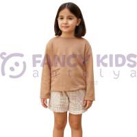 Kız Çocuk Nervürlü Vizon Sweatshirt & İskandinav Desenli Şort İkili Takım