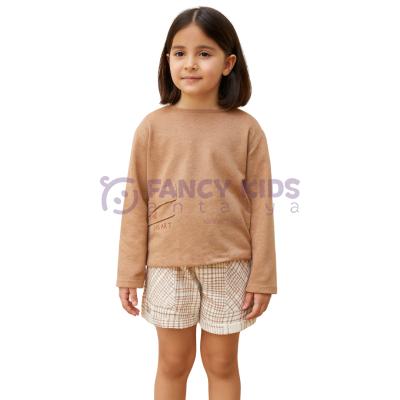 Kız Çocuk Nervürlü Vizon Sweatshirt & İskandinav Desenli Şort İkili Takım