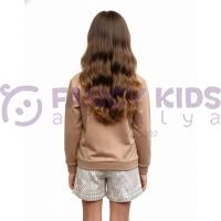 Kız Çocuk Nervürlü Vizon Sweatshirt & İskandinav Desenli Şort İkili Takım