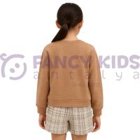 Kız Çocuk Nervürlü Vizon Sweatshirt & İskandinav Desenli Şort İkili Takım