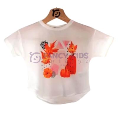 Kız Çocuk Önü Şık Baskılı Arkası Düz T-Shirt Ekru 