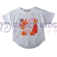 Kız Çocuk Önü Şık Baskılı Arkası Düz T-Shirt Ekru 