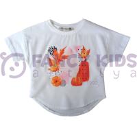 Kız Çocuk Önü Şık Baskılı Arkası Düz T-Shirt Ekru 