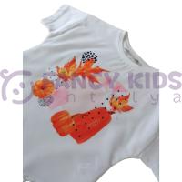 Kız Çocuk Önü Şık Baskılı Arkası Düz T-Shirt Ekru 