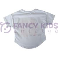 Kız Çocuk Önü Şık Baskılı Arkası Düz T-Shirt Ekru 