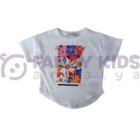 Kız Çocuk Önü Şık Çiçek Baskılı Arkası Düz T-Shirt Ekru 