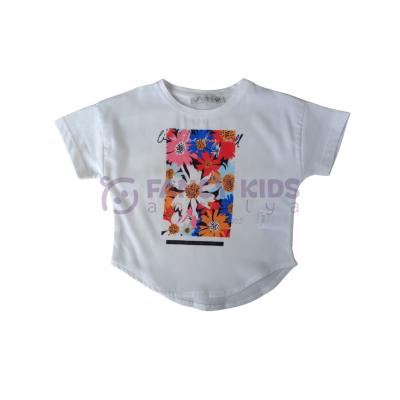 Kız Çocuk Önü Şık Çiçek Baskılı Arkası Düz T-Shirt Ekru 