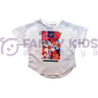 Kız Çocuk Önü Şık Çiçek Baskılı Arkası Düz T-Shirt Ekru 