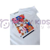 Kız Çocuk Önü Şık Çiçek Baskılı Arkası Düz T-Shirt Ekru 