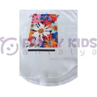 Kız Çocuk Önü Şık Çiçek Baskılı Arkası Düz T-Shirt Ekru 