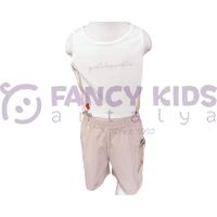 Kız Çocuk Özel Baskılı Ekru Crop Atlet T-Shirt Vizon Şort İkili Takım 