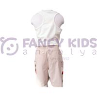 Kız Çocuk Özel Baskılı Ekru Crop Atlet T-Shirt Vizon Şort İkili Takım 