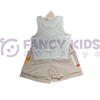 Kız Çocuk Özel Baskılı Ekru Crop Atlet T-Shirt Vizon Şort İkili Takım 