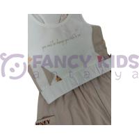 Kız Çocuk Özel Baskılı Ekru Crop Atlet T-Shirt Vizon Şort İkili Takım 