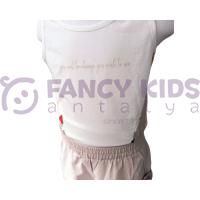 Kız Çocuk Özel Baskılı Ekru Crop Atlet T-Shirt Vizon Şort İkili Takım 