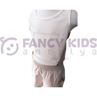 Kız Çocuk Özel Baskılı Ekru Crop Atlet T-Shirt Vizon Şort İkili Takım 