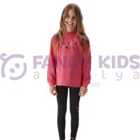 Kız Çocuk Simli Baskılı Fuşya Kapüşonlu Sweatshirt ve Siyah Tayt İkili Takım