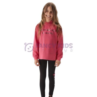 Kız Çocuk Simli Baskılı Fuşya Kapüşonlu Sweatshirt ve Siyah Tayt İkili Takım