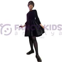 Kız Çocuk Siyah Kadife Elbise – İnci ve Boncuk Detaylı, Volan Kollu Şık Model