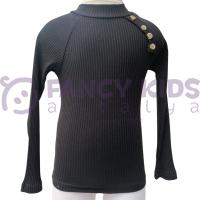 Kız Çocuk Siyah Yarım Balıkçı Yaka Kaşkorse Sweatshirt Body – Düğme Aksesuarlı, Pamuklu ve Esnek Kumaş