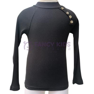 Kız Çocuk Siyah Yarım Balıkçı Yaka Kaşkorse Sweatshirt Body – Düğme Aksesuarlı, Pamuklu ve Esnek Kumaş