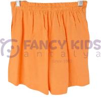 Kız Çocuk Somon Renk Keten Görünümlü Yumuşak Pamuk Şort – Lastikli Bel ve Cepli