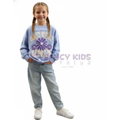 Kız Çocuk Lila Baskılı Crop Sweatshirt – %100 Pamuk, Rahat ve Modern Tasarım