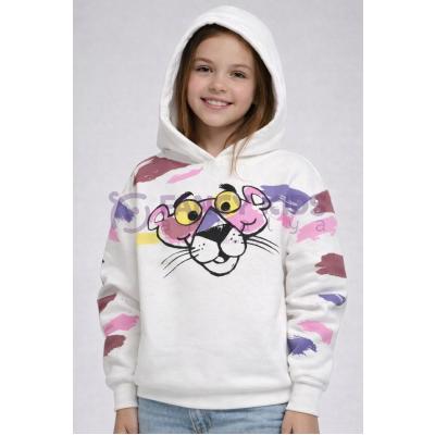 Kız Çocuk Sweat Shirt Kapüşonlu Pembe Panter Baskılı Kırık Beyaz