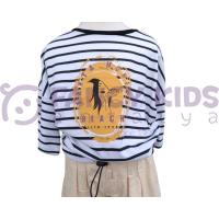 Kız Çocuk T-Shirt Belden Lastikli Crop Ekru Siyah Çizgili