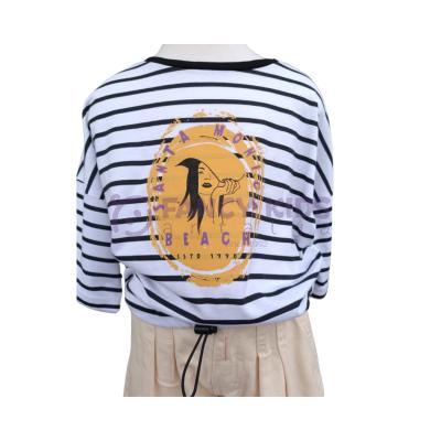Kız Çocuk T-Shirt Belden Lastikli Crop Ekru Siyah Çizgili