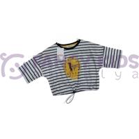 Kız Çocuk T-Shirt Belden Lastikli Crop Ekru Siyah Çizgili