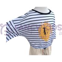 Kız Çocuk T-Shirt Belden Lastikli Crop Ekru Siyah Çizgili