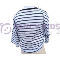 Kız Çocuk T-Shirt Belden Lastikli Crop Ekru Siyah Çizgili