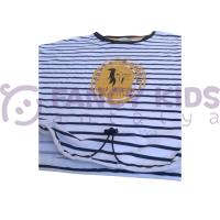 Kız Çocuk T-Shirt Belden Lastikli Crop Ekru Siyah Çizgili