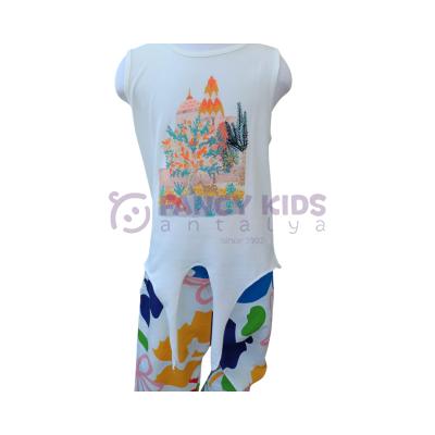 Kız Çocuk T-Shirt Çınar Baskılı Önden Bağlamalı Ekru