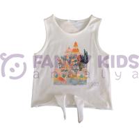 Kız Çocuk T-Shirt Çınar Baskılı Önden Bağlamalı Ekru