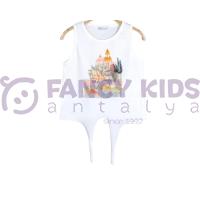 Kız Çocuk T-Shirt Çınar Baskılı Önden Bağlamalı Ekru