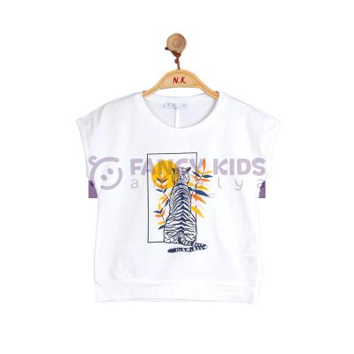 8-14 Yaş Kız Çocuk T-Shirt Ekru Bengal Kaplanı Baskılı