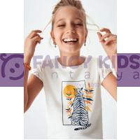 8-14 Yaş Kız Çocuk T-Shirt Ekru Bengal Kaplanı Baskılı