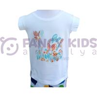 Kız Çocuk T-Shirt Fulya Baskılı Ekru Renkli %100 Pamuk Kolsuz Asimetrik Bel