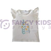 Kız Çocuk T-Shirt Nergis Baskılı Ekru %100 Pamuk