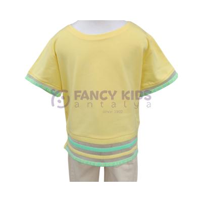 Kız Çocuk T-Shirt Ring Body İnce Baskılı Bel Kısmı  ve Kol Ağzı Şeffaf Tül Ayrıntılı