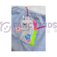 Kız Çocuk Unicorn Baskılı Çizgili Beyaz Mavi Elbise – Yumuşak ve Rahat Pamuklu Kumaş