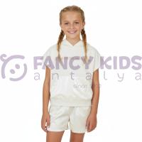 Kız Çocuk Vizon Kapüşonlu İkili Takım – Sweatshirt & Parlak Şort Kombini