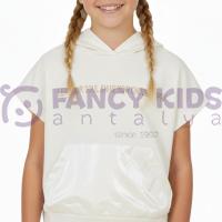 Kız Çocuk Vizon Kapüşonlu İkili Takım – Sweatshirt & Parlak Şort Kombini