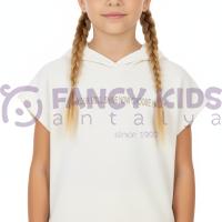 Kız Çocuk Vizon Kapüşonlu İkili Takım – Sweatshirt & Parlak Şort Kombini