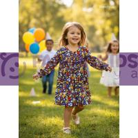 Mor Çiçek Desenli Kız Çocuk Dokuma Elbise – Lastikli Büzgülü, Şık ve Rahat