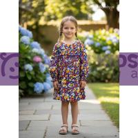 Mor Çiçek Desenli Kız Çocuk Dokuma Elbise – Lastikli Büzgülü, Şık ve Rahat